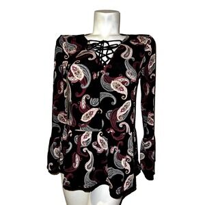 White House Black Market Paisley Lace-Up Peplum Top Black Pink Womens Size Small